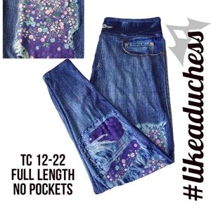 Faux Distressed Denim Leggings - Spring Floral